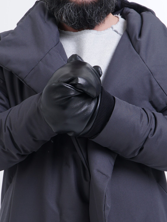 Кожаные черные варежки на флисовом подкладе