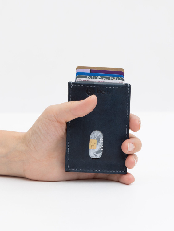 Кожаный кардхолдер синий с винтажным эффектом