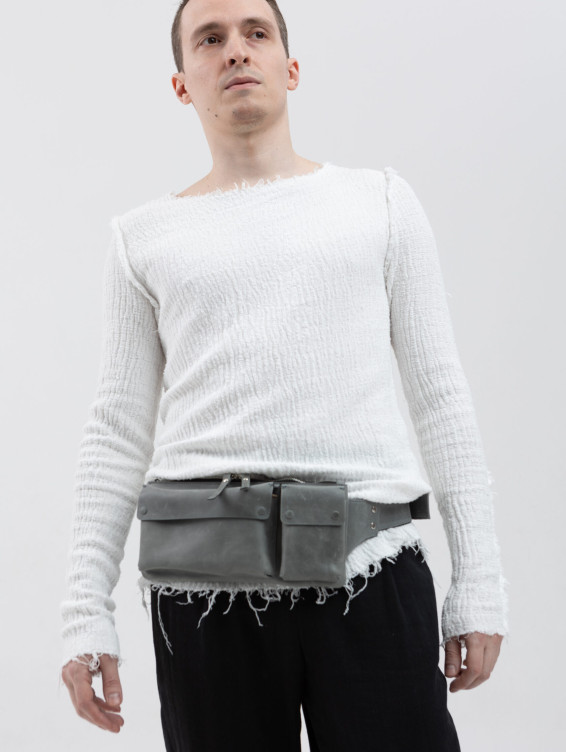 Прямоугольная кожаная поясная сумка серая с винтажным эффектом