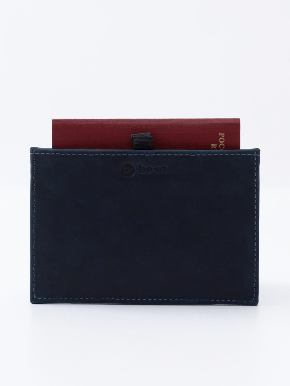 Кожаная обложка-карман для паспорта синяя с винтажным эффектом