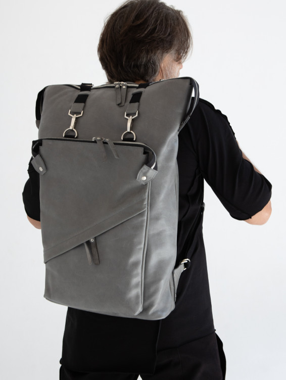 Рюкзак кожаный с увеличивающимся объемом серый
