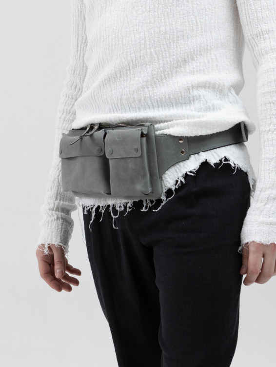 Прямоугольная кожаная поясная сумка серая с винтажным эффектом