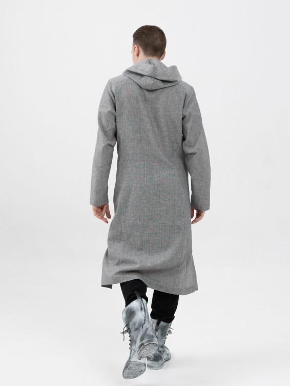 Длинная льняная рубашка с капюшоном серая