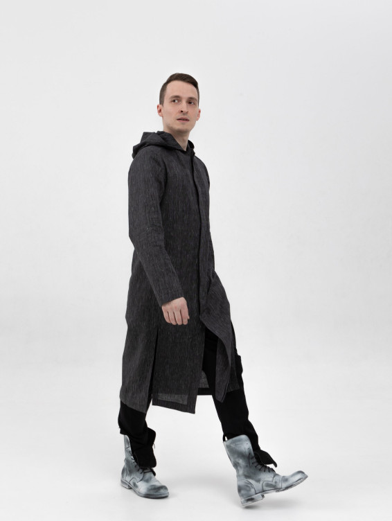 Длинная льняная рубашка с капюшоном черная