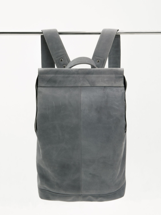 Рюкзак кожаный со скрытой застежкой серый с винтажным эффектом