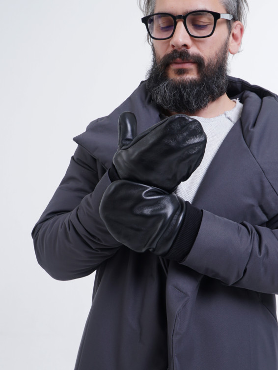 Кожаные черные варежки на флисовом подкладе