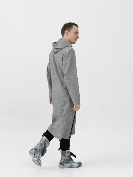 Длинная льняная рубашка с капюшоном серая