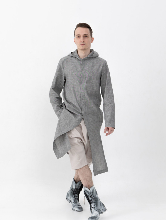 Длинная льняная рубашка с капюшоном серая