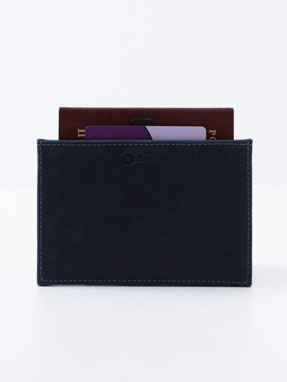 Кожаная обложка-карман для паспорта синяя с винтажным эффектом