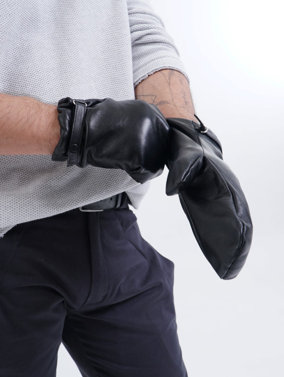 Кожаные черные варежки на флисовом подкладе