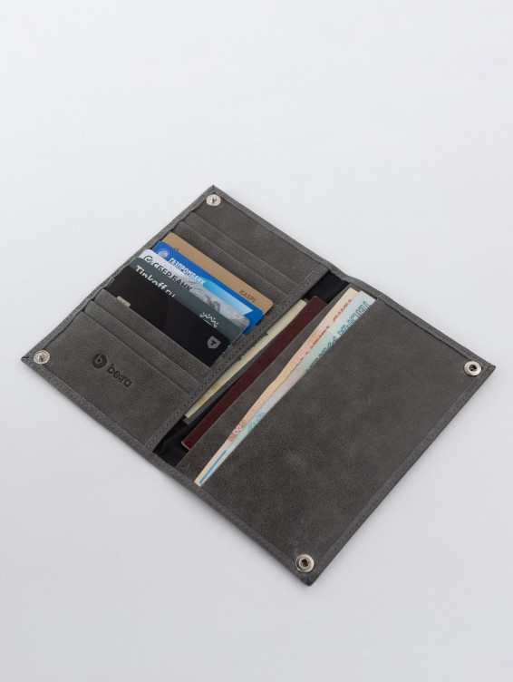 Кожаное портмоне на кнопке серое