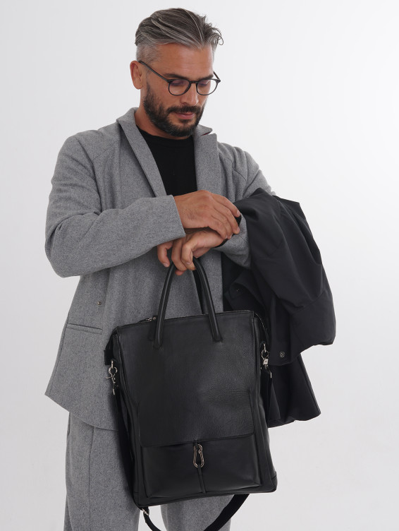 Кожаная сумка для ноутбука с креплением на ручку чемодана черная