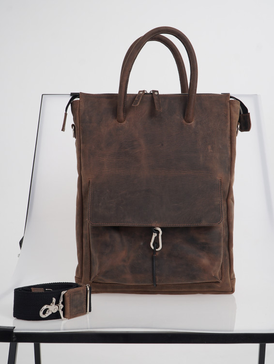 Кожаная сумка для ноутбука с креплением на ручку чемодана коричневая с винтажным эффектом