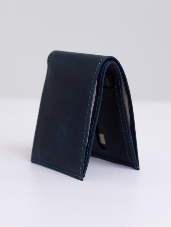 Тонкий кожаный кошелек синий с винтажным эффектом