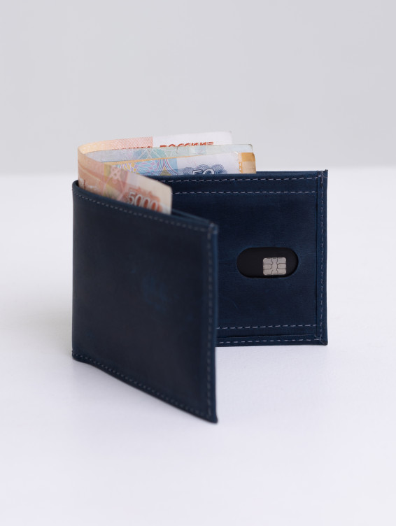 Тонкий кожаный кошелек синий с винтажным эффектом