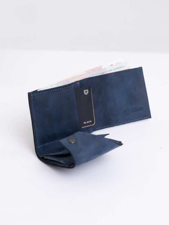 Кожаный складной кошелек синий с винтажным эффектом