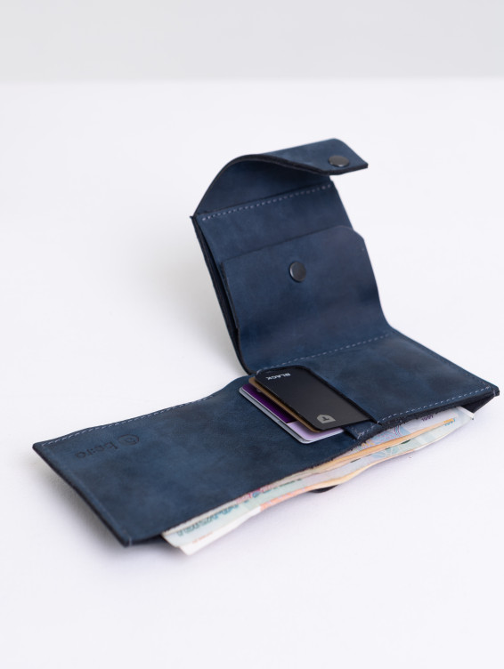 Кожаный складной кошелек синий с винтажным эффектом