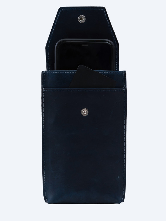Кожаный подвесной чехол для телефона синий с винтажным эффектом