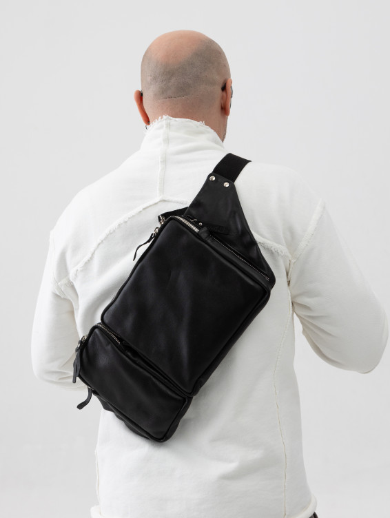 Большая кожаная поясная сумка черная