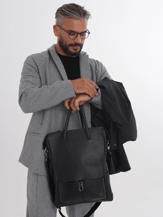 Кожаная сумка для ноутбука с креплением на ручку чемодана черная