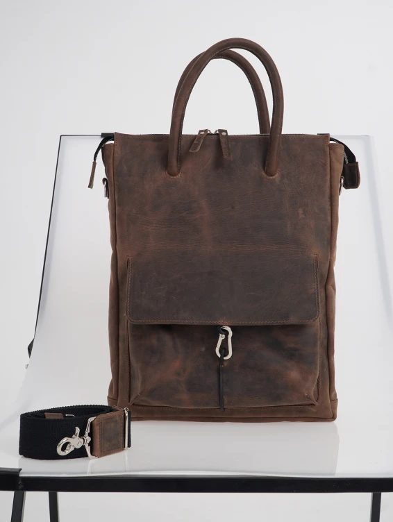 Кожаная сумка для ноутбука с креплением на ручку чемодана коричневая с винтажным эффектом