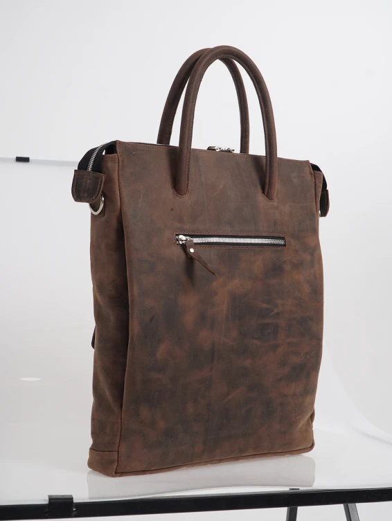 Кожаная сумка для ноутбука с креплением на ручку чемодана коричневая с винтажным эффектом