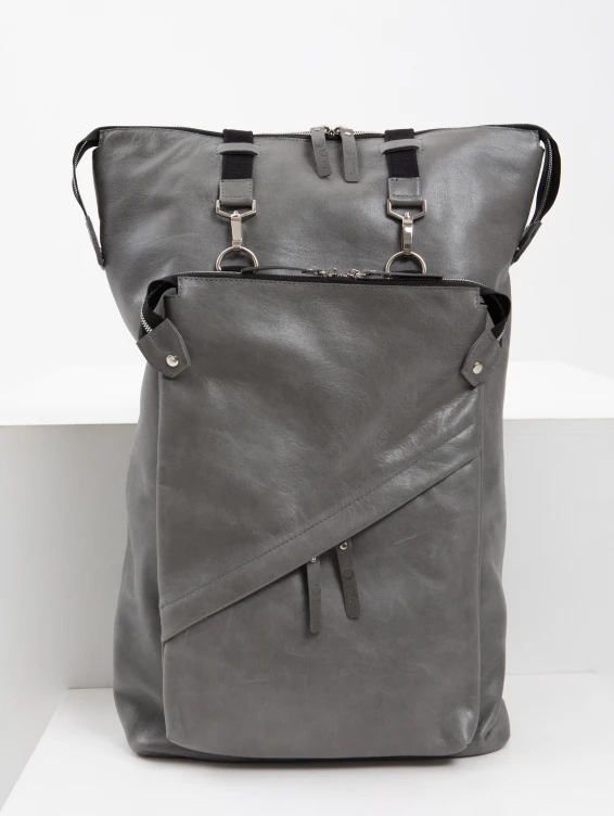 Рюкзак кожаный с увеличивающимся объемом серый