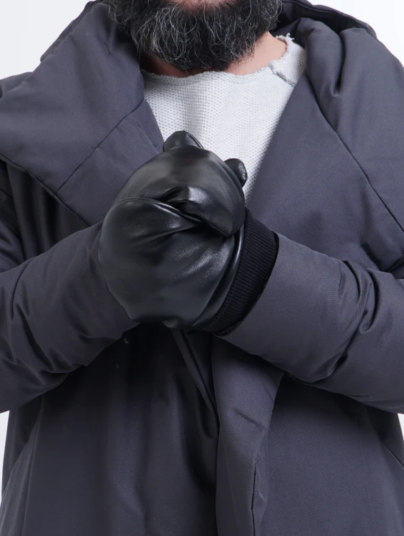 Кожаные черные варежки на флисовом подкладе