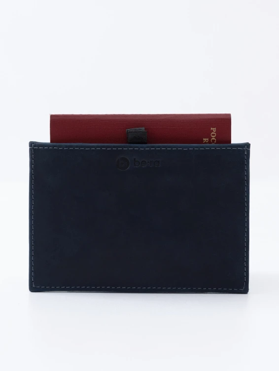 Кожаная обложка-карман для паспорта синяя с винтажным эффектом