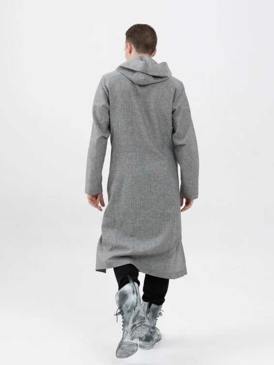 Длинная льняная рубашка с капюшоном серая