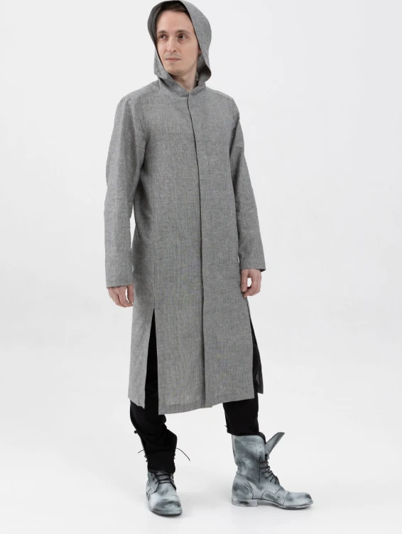 Длинная льняная рубашка с капюшоном серая