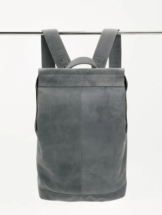Рюкзак кожаный со скрытой застежкой серый с винтажным эффектом