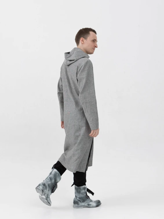 Длинная льняная рубашка с капюшоном серая