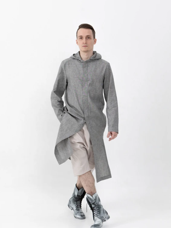 Длинная льняная рубашка с капюшоном серая