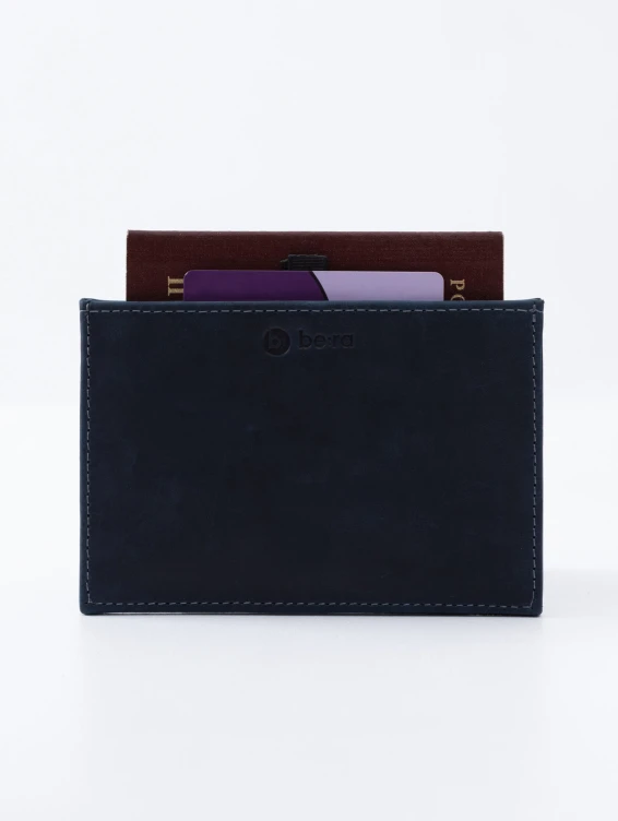 Кожаная обложка-карман для паспорта синяя с винтажным эффектом