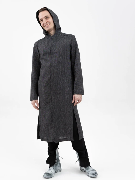 Длинная льняная рубашка с капюшоном черная