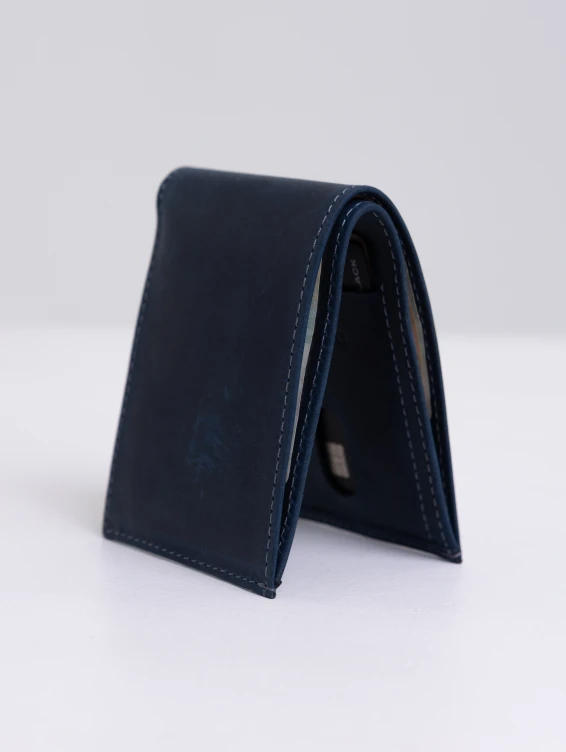 Тонкий кожаный кошелек синий с винтажным эффектом
