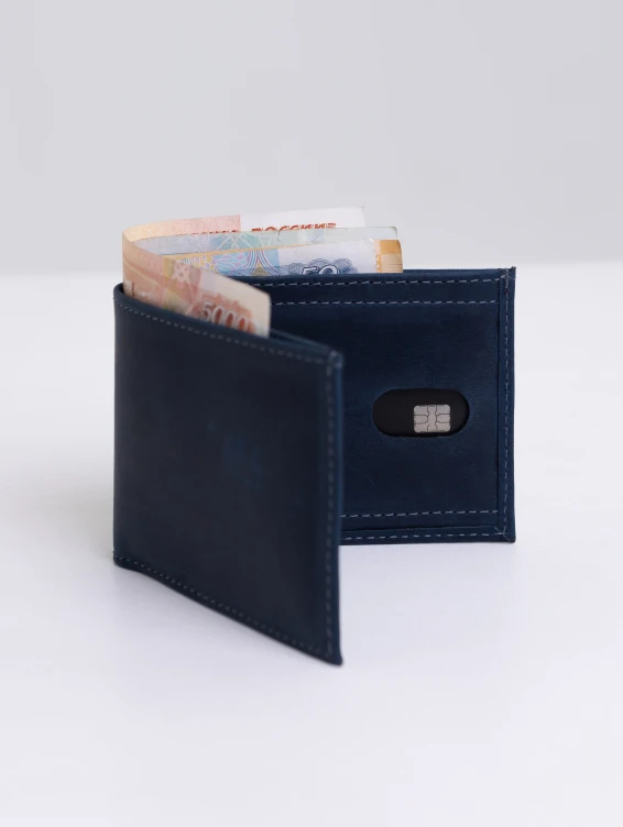 Тонкий кожаный кошелек синий с винтажным эффектом