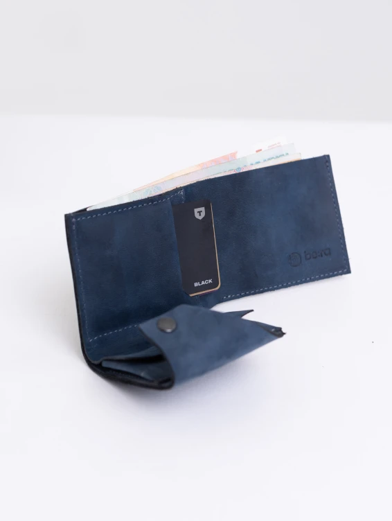 Кожаный складной кошелек синий с винтажным эффектом