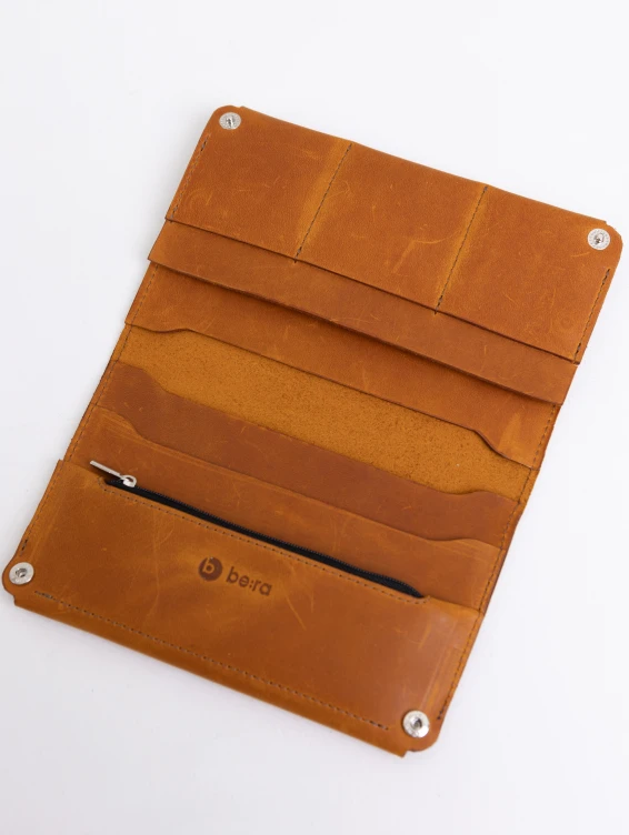 Кожаный холдер для документов, купюр и карт рыжий с винтажным эффектом