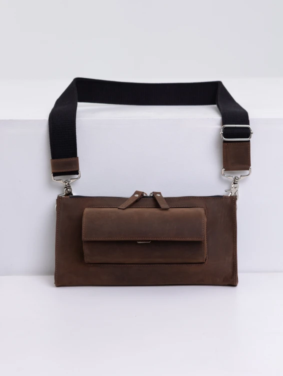 Кожаная сумка с очечником коричневая с винтажным эффектом