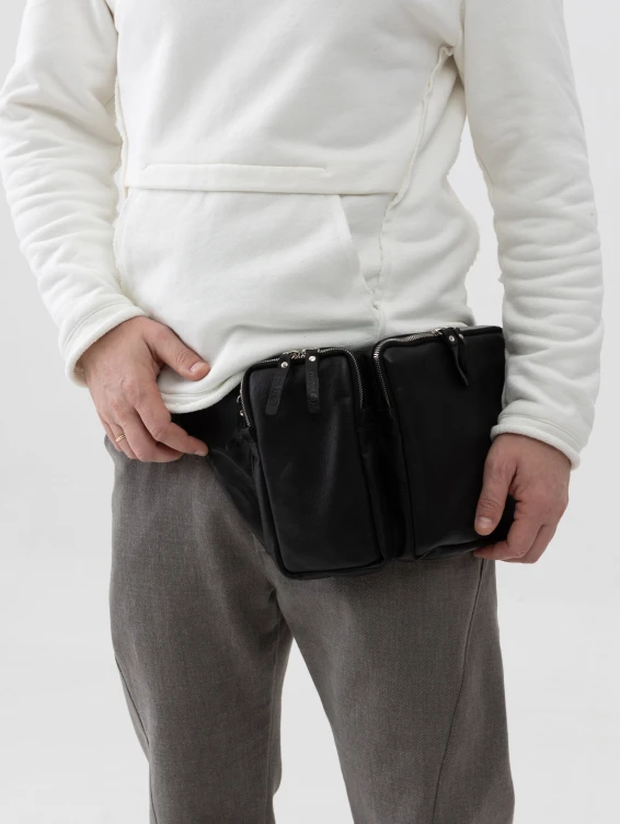 Большая кожаная поясная сумка черная